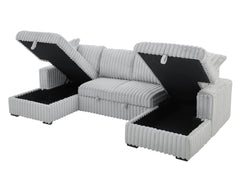 U Shaped Sleeper Sofa, 122 inch Overisze - 2 in 1 Pull Out Bed, Sectional Sleeper Sofa with Double Storage Chaise for Living Room, Rabbit plush Corduroy Fabric Couch, Grey