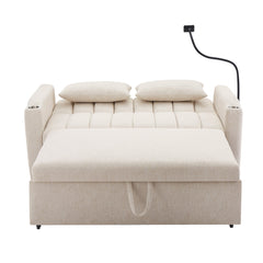 Convertible Sofa Bed Loveseat with USB Ports, Side Pockets, Cup Holders, Swivel Phone Holder, Beige, Bella Fabric