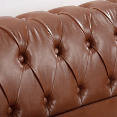 Classic Chesterfield Three Seater Sofa Brown PU Leather with Rolled Arms and Birch Legs 84.65 Inches