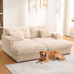 Plush Upholstered Oversized Double Chaise Lounge Sofa with USB Ports and Cup Holders, Champagne, Faux Rabbit Fur, 83.5'