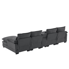 Modern U-shaped 6-Seat Sofa with Console, Cupholders, USB Ports, Velvet Upholstery in Gray