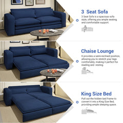 93' King Size Sleeper Sofa Bed, Pull Out Sofa Bed, 3 in 1 Convertible Sleeper Sofa, Chaise Lounge,3 Seat Teddy Couch with 2 Lumbar Pillows for Living Room, Apartment, Office, Studies,Blue