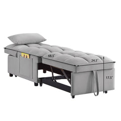 4 in1 Multi-Function Single Sofa Bed with Storage Pockets,Tufted Single Pull-out Sofa Bed with Adjustable Backrest and Pillows ,Convertible  Chaise Lounge,Gray