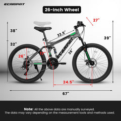 A2660 26 Inch Mountain Bike, 21-Speed Disc Brakes, Durable Frame, Front, Rear Dual-Shock Absorption, Unisex for Commuting, Travel, School, Mountain and City Road Cycling