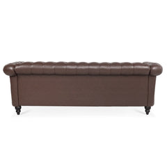 Dark Brown PU Rolled Arm Chesterfield Three Seater Sofa with Solid Wood Frame and Birch Legs