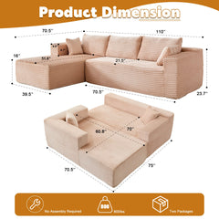 Compression Sectional Couch with Comfy Chaise, Boneless L Shape Sofa with Deep Seat, Minimalist Modular Couches Sleeper for Living Room Bedroom Apartment Lounge,corduroy,Beige