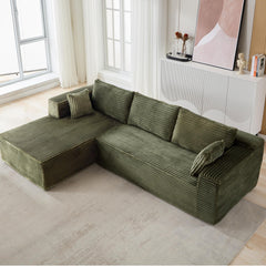 Compression Sectional Couch with Comfy Chaise, Boneless L Shape Sofa with Deep Seat, Minimalist Modular Couches Sleeper for Living Room Bedroom Apartment Lounge,corduroy,Green