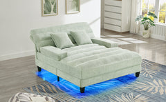 Modern Chaise Lounge Sofa Bed with Adjustable Backrest and LED Light Strip, Green Chenille Upholstered, 57.1 Inches