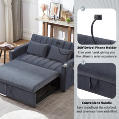 Convertible Sofa Bed Loveseat with USB Ports, Side Pockets, Cup Holders, and Phone Holder in Blue Grey Bella Fabric, 55.9'