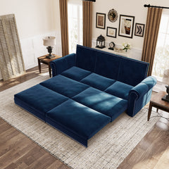 93.7 ' King Pull Out Sofa Bed, Chesterfield Sofa, 3-in-1 Velvet Convertible Sleeper Sofa with Nailhead Trim & Rolled Arm, Multi-Functional Sofa Bed for Living Room, Bedroom, Apartment, Office, Blue