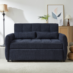 Modern Loveseat Sofa Pull-out Bed with Adjustable Backrest, USB Ports, Lumbar Pillows, Blue Chenille, 52.8'