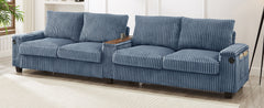 Modern 4-Seater Corduroy Sofa Couch with USB Ports, Hidden Storage, Flip-Top Cup Holders, Blue, 133'