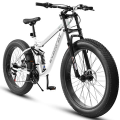 A26309 26 inch Mountain Bike,Full-Suspension 21 Speeds Drivetrain with Disc-Brake MTB Bicycle, 26*4' Fat tire Bike for Men white