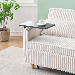 The pull-out and push-in beige corduroy sofa with dual functions, equipped with a movable tabletop and USB ports, is suitable for use in living rooms and bedrooms.