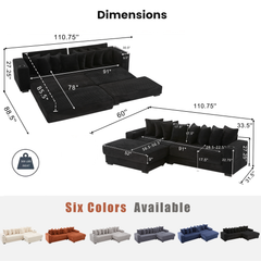[NEW ARRIVED] [VIDEO PROVIDED] 110.75' Modular L Shaped Sofa, Corduroy Fabric Sectional Couch,With a movable footstool, Cup Holders,Bring 8 throw pillows,Side Pocket,Unfold into a Bed,Black