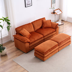 Corduroy 2-seats sofa With 2 back pillows,2 toss pillows and two ottoman,Comfy Sofa- Deep Seat Couch for Living Room,Orange