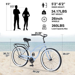 Single Speed Bicycles 26'Inch,Steel Frame, Wide Wheels for Stability, Rear Coaster Brakes,Multiple ColorsWomen's Beach Cruiser Bike