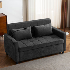 Contemporary 56.9' Loveseat Sofa Bed Sleeper with Reversible Backrest, Side Pockets, USB Ports, Phone Holder, Black Chenille