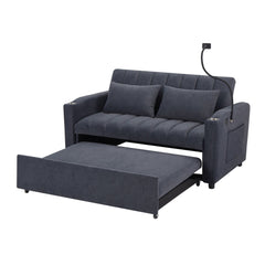 Convertible Sofa Bed Loveseat with USB Ports, Side Pockets, Cup Holders, and Phone Holder in Blue Grey Bella Fabric, 55.9'