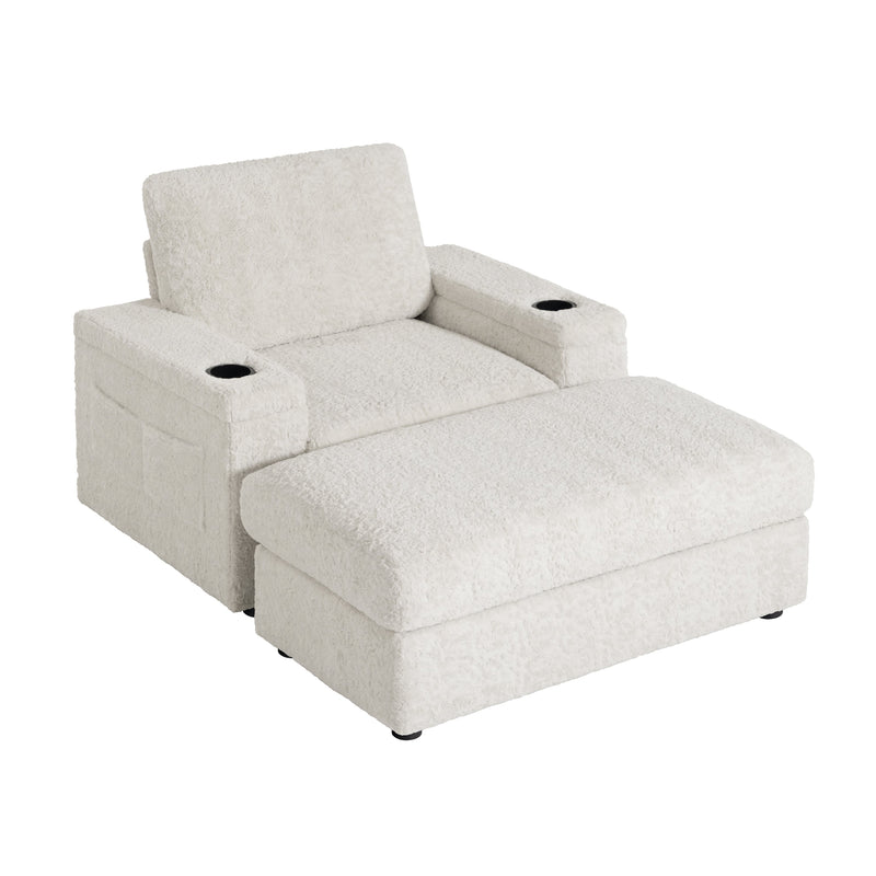 Luxurious Oversized Chaise Lounge Sofa Bed with Storage Ottoman and Armrests, Cup Holders, Faux Rabbit Fur, 42-Inch for Living Room or Bedroom