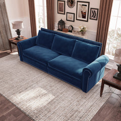 93.7 ' King Pull Out Sofa Bed, Chesterfield Sofa, 3-in-1 Velvet Convertible Sleeper Sofa with Nailhead Trim & Rolled Arm, Multi-Functional Sofa Bed for Living Room, Bedroom, Apartment, Office, Blue