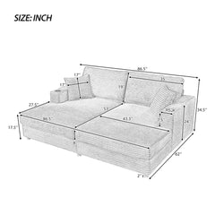 Oversized Loveseat Chaise Lounge Sectional Sofa Bed with USB Ports, Cup Holders, and Pillows, Black Corduroy