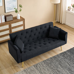 71-inch foldable double sofa, with American retro style, made of black velvet material, suitable for small living rooms, bedrooms and offices.