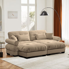 Modern Camel Velvet Two-Seater Sofa with Ottoman and Round Bolster Armrests