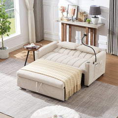 Convertible Sofa Bed Loveseat with USB Ports, Side Pockets, Cup Holders, Swivel Phone Holder, Beige, Bella Fabric