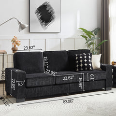 Modern Corduroy Fabric Sofa, 3-Seater Compressed Couch with Cup Holders, Black, 84.25'