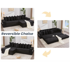 [NEW ARRIVED] [VIDEO PROVIDED] 110.75' Modular L Shaped Sofa, Corduroy Fabric Sectional Couch,With a movable footstool, Cup Holders,Bring 8 throw pillows,Side Pocket,Unfold into a Bed,Black