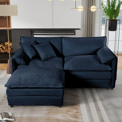 Modern Chenille Deep Seat Sectional Sofa Cloud Couch with Ottoman, Comfy Love Seat Upholstered Modular L Shaped Couch, Blue