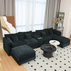 U Shaped Sectional Cloud Couch for Living Room,144' Comfy Fluffy Modular Sofa with Movable Ottoman Modern Chenille 6 Seat Sectional Sofa Set with Console, Cup Holders,Black