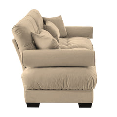 Modern Velvet Two-Seater Sofa with Bolstered Armrests and Pillows, Camel