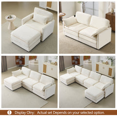 136' Plush Cloud 3-seater Sofa: Modular 4-seater Sofa + 2 Footstools with 22' Beige Chenille Cushions + 2 Throw Pillows - Compact Size for Apartment, Living Room, Bedroom (Beige)