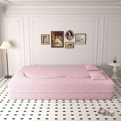 Modern Floor Sofa with 2 Pillows,Convertible Teddy Fabric Foam Filled Sleeper Sofa Bed,15 ' Full Size Folding Mattress for Living Room,Guest Bed,Playroom,No Assembly Required,Pink