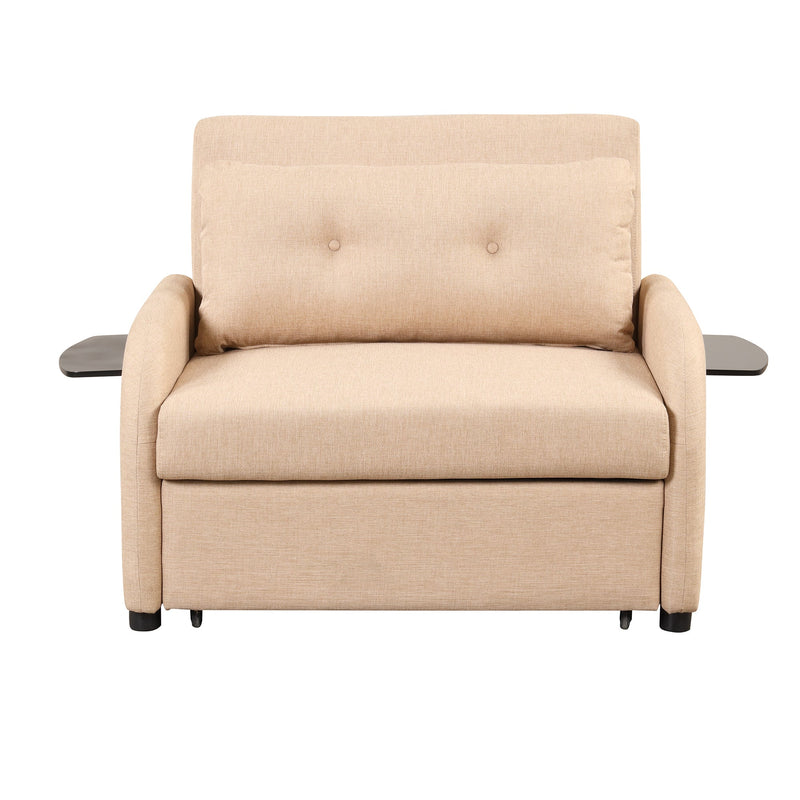 Versatile Pull Out Sofa Sleeper 3 in 1 with Wing Table & USB Charge, Beige Linen, Compact Design