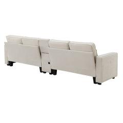[VIDEO provided] [New] 114.2' Upholstered Sofa with Console, 2 Cupholders and 2 USB Ports Wired or Wirelessly Charged, Modern Linen Fabric Couches with 4 Pillows for Living Room, Apartment (4-Seat)
