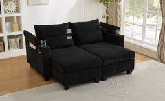 Convertible Chaise Lounge 63' Loveseat Sofa Bed with USB Ports, Cup Holders, Phone Holder & Storage, Black Corduroy