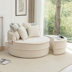 Modern Oversized Beige Round Barrel Accent Chair with Ottoman - Velvet Upholstered Lounge Armchair with 5 Pillows for Living Room or Bedroom