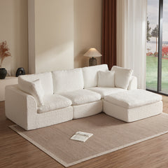Cloud Style L-Shape Modular Sectional Sofa with Ottoman, 3 Seater Convertible Couch in Warm White, Chenille Fabric, 110' Width
