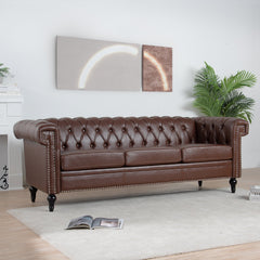 Traditional Dark Brown 3 Seater Sofa with Removable Cushions and Square Arms in PU Material