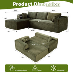 Compression Sectional Couch with Comfy Chaise, Boneless L Shape Sofa with Deep Seat, Minimalist Modular Couches Sleeper for Living Room Bedroom Apartment Lounge,corduroy,Green