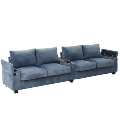 Modern 4-Seater Corduroy Sofa Couch with USB Ports, Hidden Storage, Flip-Top Cup Holders, Blue, 133'