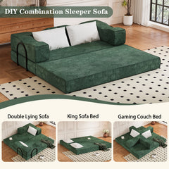 80 ' Convertible Couch Bed with 2 Pillows, 3-Seat Folding Floor Couch & King Size Bed Mattress, DIY Combination, Chenille, GREEN