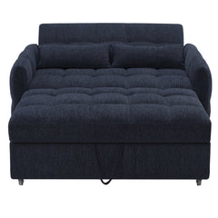 Modern Loveseat Sofa Pull-out Bed with Adjustable Backrest, USB Ports, Lumbar Pillows, Blue Chenille, 52.8'