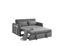 55' Modern Convertible Sofa Bed with 2 Detachable Arm Pockets, Velvet Loveseat Sofa with Pull Out Bed, 2 Pillows and Living Room Adjustable Backrest, Grid Design Armrests