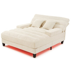 Modern Chaise Lounge Sofa 57.1' Sofa Bed Chenille Upholstered Lounge Sofa Chair with Adjustable Backrest and LED Light Strip, Beige