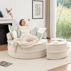 Modern Oversized Beige Round Barrel Accent Chair with Ottoman - Velvet Upholstered Lounge Armchair with 5 Pillows for Living Room or Bedroom