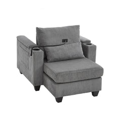 Convertible Chaise Lounge Sofa Chair Corduroy Sleeper with USB Ports, Cup Holders, Storage, Grey